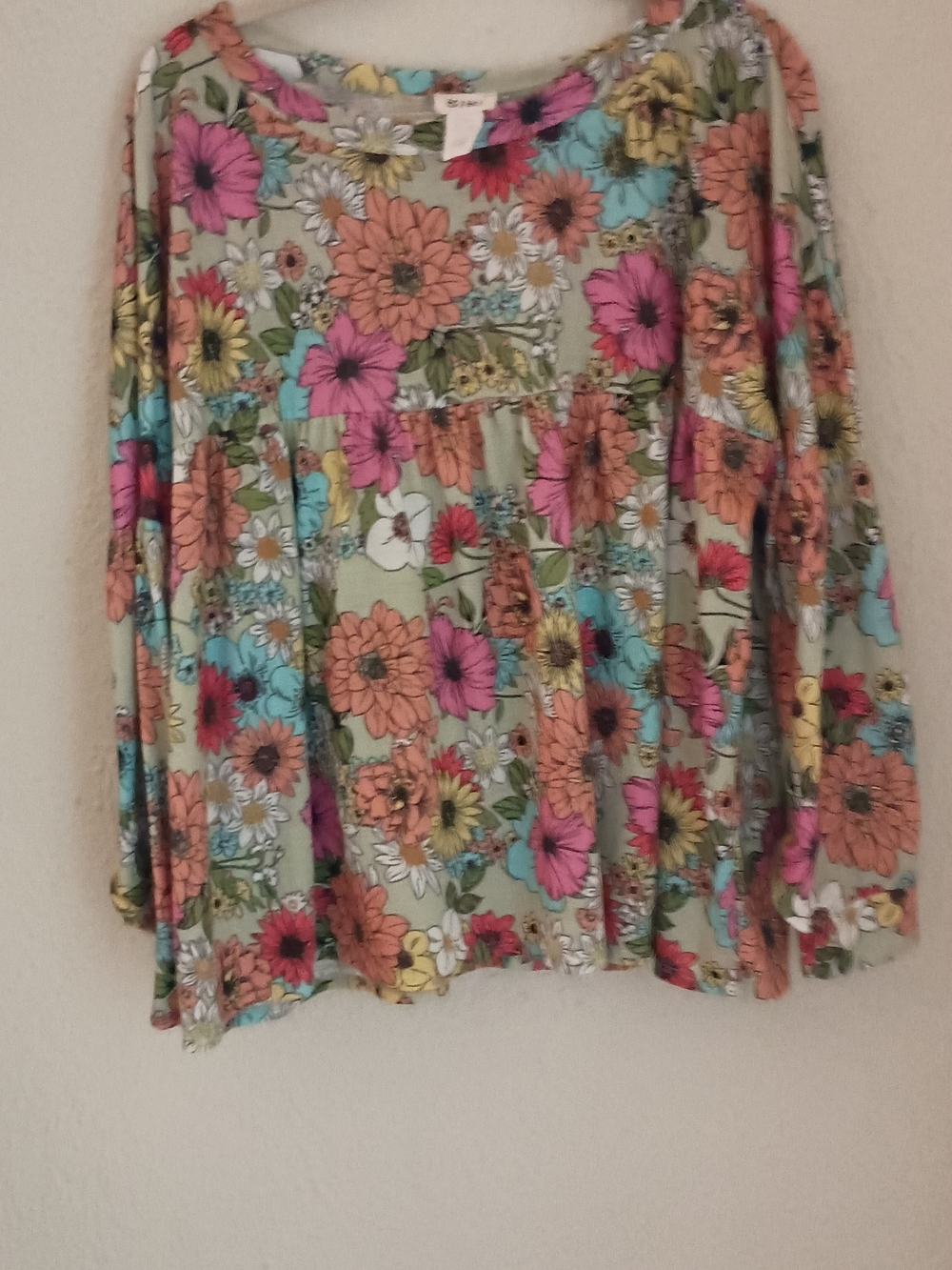 Floral Peasant Blouse in Sage with Bright Blooms